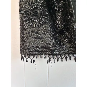 Vintage‎ Hand Beaded Wool Shell Top Black Sequin Floral Fringe Tank M WPL 3526 thumbnail 4