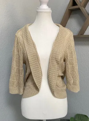 Beige Cream Knit Open Front Quarter Sleeve Bolero Shrug Cardigan Cottagecore thumbnail 1