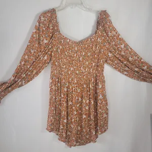 JODIFL Boho Smocked Floral Babydoll Tunic Blouse Orange Rust Ditsy Print Puff L thumbnail 10
