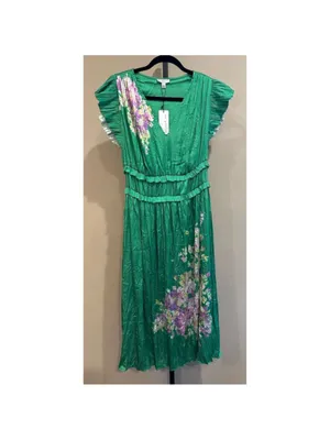 Anthropologie Current Air Floral Print Pleated Midi Dress in Green Size S thumbnail 3