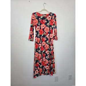 Sign Here Bright Red Floral Swing Midi Dress Jersey Modest Teacher Comfy Small thumbnail 7