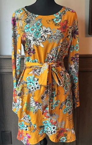 Club L London Mustard Floral Tie-Waist Long Sleeve Dress 14 EUC thumbnail 1