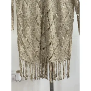 Womens Crochet Knit Cardigan Long Duster Metallic Beige Fringe Boho Cover Up L thumbnail 9