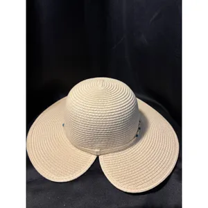 Woven Paper Straw Sun Hat Turquoise Bead Accent Split‎ Back Wide Brim Tan OSFM thumbnail 7