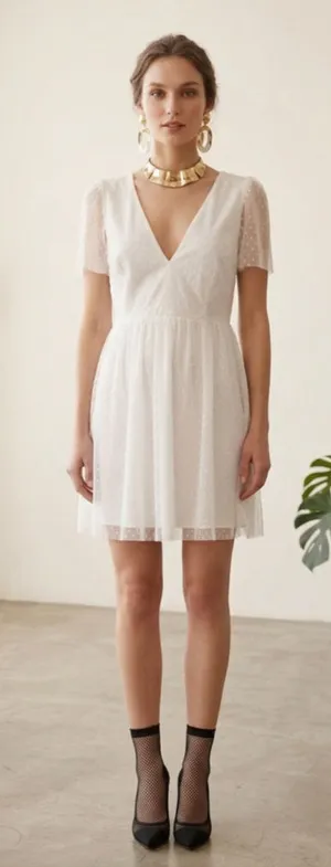 Lulus White Swiss Dot Tulle Mini Dress Size L New With Tags V-Neck Puff Sleeve thumbnail 1