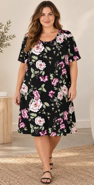 Yumi Kim Floral Dress XL Black Pink Multicolor Short Sleeve Stretch Mini Stretch thumbnail 1