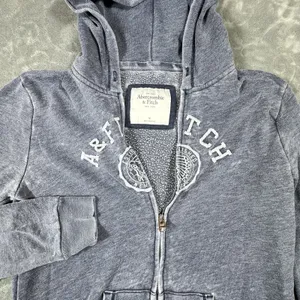 Vintage Abercrombie & Fitch Y2K Full Zip Hoodie Women M Gray Distressed Patch thumbnail 5