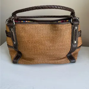 Vtg Fossil Raffia & Brown Leather Braided Handles Boho Spring Satchel thumbnail 5
