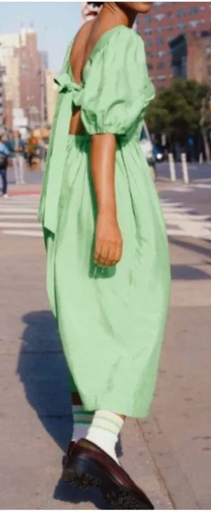 NWT & Other Stories Sea Green Silk Puff Sleeve Tie Back Voluminous Midi Dress 6 thumbnail 1