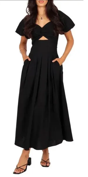 New! Petal & Pup Maria Cutout Midi Dress Black Puff Sleeve Sweetheart Size Small thumbnail 1