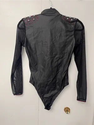 WEISSMAN Leather Zip Up Mesh Sleeves One Piece Bodysuit Jazz Dance Costume Sz S thumbnail 2