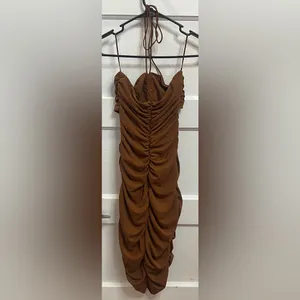 Zara Brown Ruched Mini Dress Front Cutout Size S thumbnail 3
