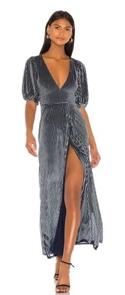 Lovers + Friends NWT Sarai‎ Maxi Dress Short Sleeve Velvet Ribbed Steel Blue thumbnail 1