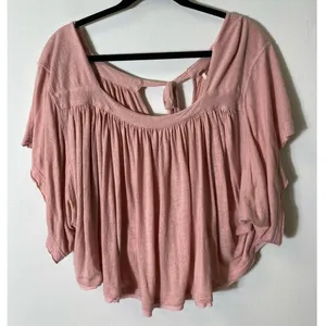 Free People Pink Oversized Cropped Scoop Necked Top Sz L thumbnail 1