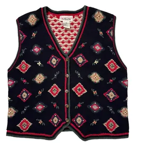 Vintage Talbots Button Down Vest Blue Floral/Holiday Women's‎ Size Medium thumbnail 1