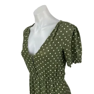 Zara Womens Green Polka Dot V Neck Puff Sleeve Button Midi Flare A-Line Dress XS thumbnail 2