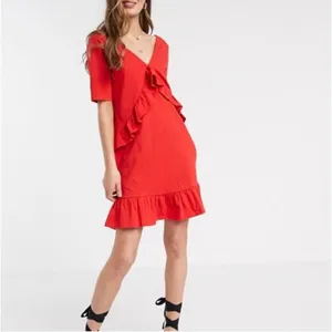 ASOS Red Cotton Ruffle V-Neck Mini Dress Short Sleeve US 4 Coquette thumbnail 2