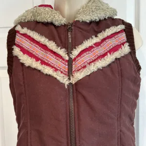 Free People Nordic‎ Southwest Boho Brown Puffer Vest Hooded Embroidered Womens M thumbnail 4