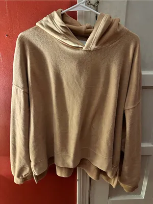 Aerie Velour Soft Oversized Pullover Hoodie Tan Lounge Sweatshirt Cozychic Large thumbnail 2