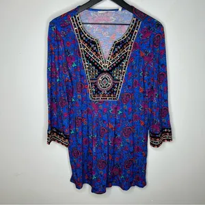 Soft Surroundings Blue Tamuri Embroidered Beaded Boho Tunic Top‎ Size M thumbnail 3