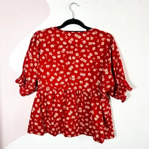 Madewell‎ Floral Peplum Top Womens Large 100% Cotton Red Puff Sleeve thumbnail 3