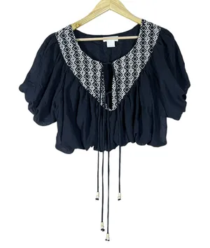Life Embroidered Geometric Peasant Crop Top Black Boho Puff Sleeve Size L thumbnail 1