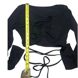 Ruched Bust Wrap Tie Long Sleeve Crop Top Black Medium Y2K Coquette Balletcore thumbnail 6