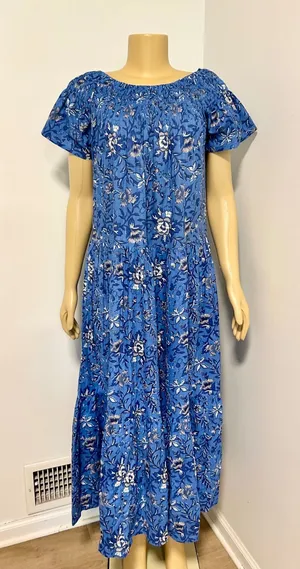 Guadalupe‎ Design Blue Floral Cotton Smocked Maxi Dress Short Sleeve Tiered Boho thumbnail 1