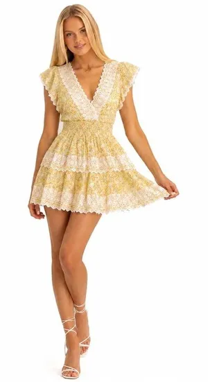 American Eagle Yellow Ruffle Dress Kentucky Derby Garden Party Floral M thumbnail 1