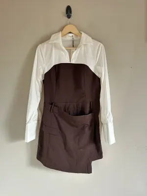 Commence NEW brown and White 2 in 1 Shirt Panel Asymmetric Mini Dress Sz medium thumbnail 4