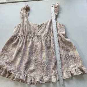 Joie Women M Silk Baby Doll Tank Top Pink Feather Print Cami 1/4 Buttons Ruffles thumbnail 6