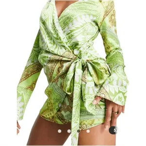 ASOS DESIGN -1014 heavy‎ satin wrap knot front romper green paisley size 4 thumbnail 7