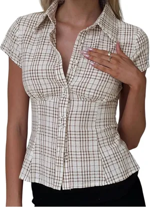 Amazon Plaid button up short sleeve blouse thumbnail 1