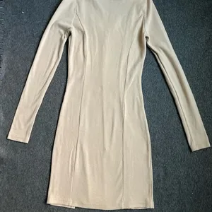 Stylish Beige Knit Mini Dress, Long Sleeve Square Neck A‎ Line Casual Size XS thumbnail 3