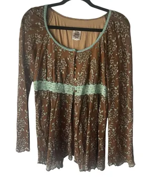 ivu jane Y2k Women's SIze Large Brown Babydoll Lace Floral Hippie‎ Retro Blouse thumbnail 1