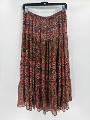 Y2K Boho Paisley Tiered Maxi Skirt bohemian boho beach Brown Pink size small thumbnail 6