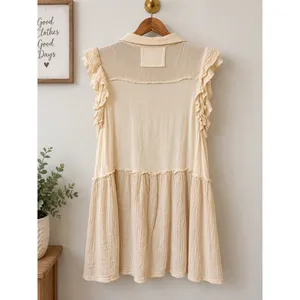 POL Boho Pleated Ruffle Mini Dress Cream Ivory Size M FKD10 thumbnail 2