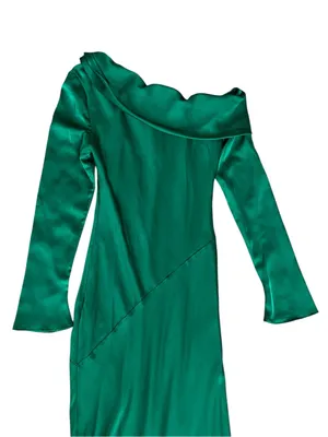 Nia Women’s Claire One Off Shoulder Emerald Green Long Sleeve Satin Midi Dress thumbnail 6