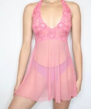 Vintage 90’s 2000’s Victoria’s Secret Chemise Sheer Pink with Lace Halter M L thumbnail 1