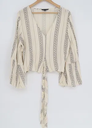 American Eagle Outfitters Boho Top Womens L Beige Striped Bell Sleeve Tie-Front thumbnail 1