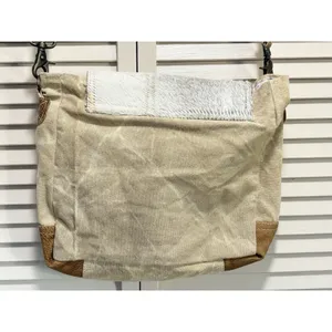 Myra Hair On Cowhide Leather Canvas Paisley Shoulder‎ Bag Boho Gray/Tan thumbnail 13