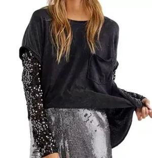 Free People Celine Sequin Sleeve T-Shirt Womens Sz XS Holiday New Years Sheer thumbnail 1