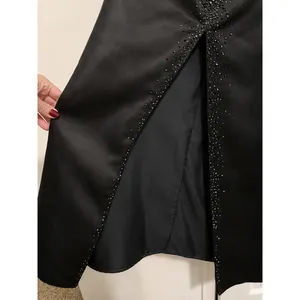 Jovani Asymmetric One Shoulder Black Satin Beaded Prom Evening Gown Slit thumbnail 5