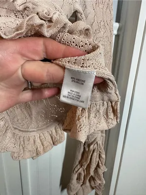 Ronny Kobo Tan Pointelle Open-Knit Bell Sleeve Ruffle Sweater Top Size Small thumbnail 4