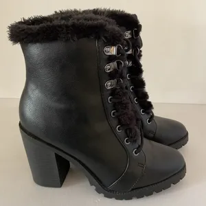 Express Faux Fur Trimmed Black Chunky Heeled Combat Platform Boots Sz 7 thumbnail 4