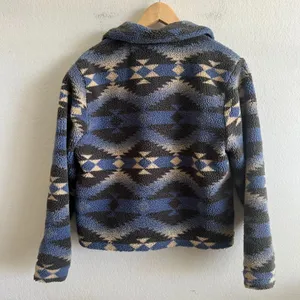 WOOLRICH Vtg Sherpa Aztec Fleece Deep Pile Blue Black Jacket Coat Womens Medium thumbnail 2