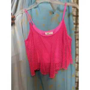 VTG Y2K Hot Pink Spaghetti Strap Net With Built In Undershirt Crop Top Sz S thumbnail 4