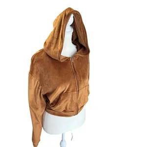 Brown Velour Cropped Zip Hoodie Y2K Cozy Lounge Jacket Small thumbnail 3