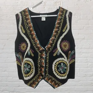 Gallagher Vintage 90s Embroidered Folk Art Cotton Flax Vest M Whimsigoth thumbnail 3