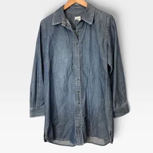 Chico's Women Blue Denim Tunic Button Down Shirt Cotton Size 2 Medium Wash L thumbnail 2